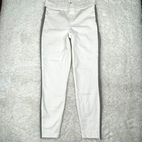 Spanx Side Stripe High Rise Skinny Jean Raw Hem White Gray - Picture 2 of 14